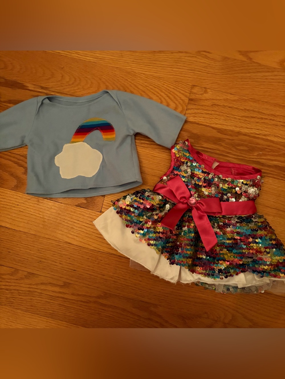 Build-A-Bear Plushie Doll Clothes Rainbow Shirt and Sequin Dress with Pink Bow
